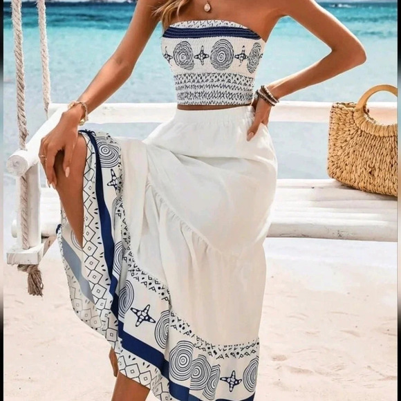 . Tops - Random Printed BeachVacation Halter Top With Wrap Skirt Set